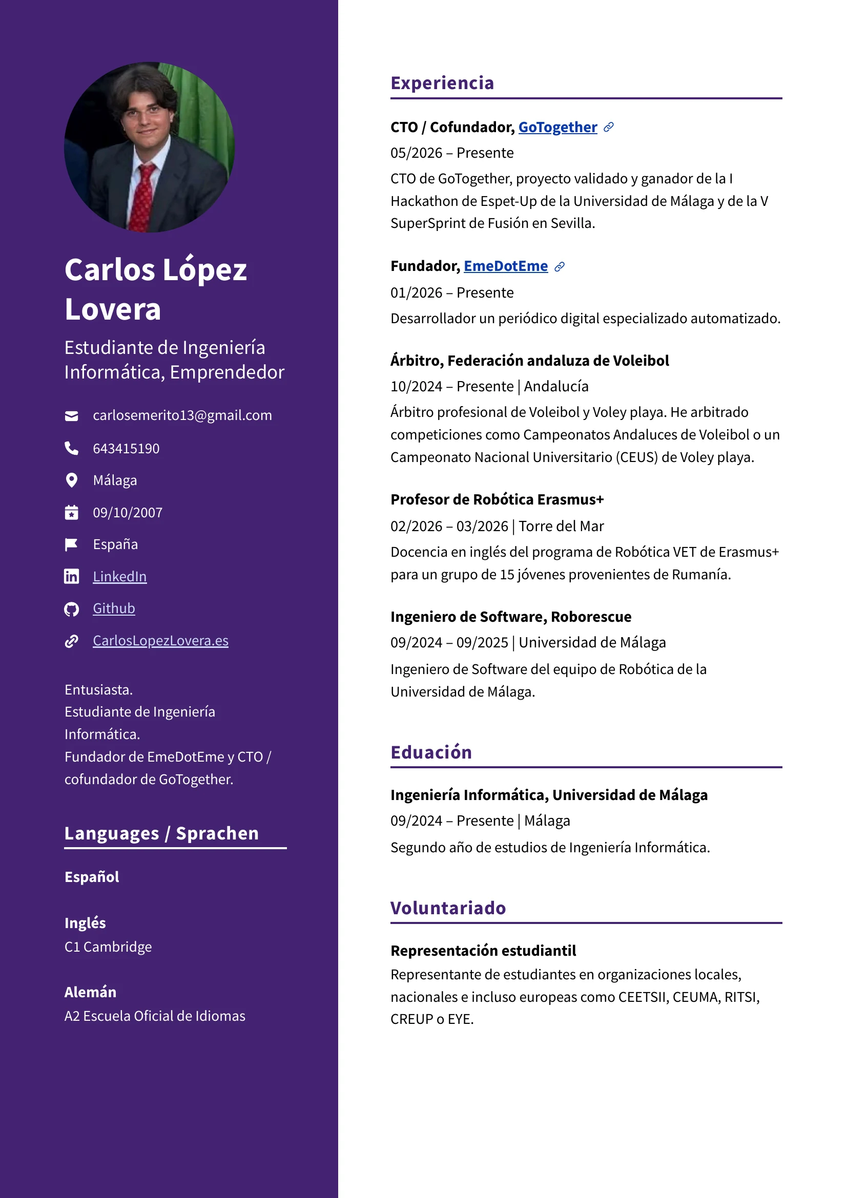 Currículum de Carlos «Emérito» López Lovera: perfil, experiencia, educación, idiomas y voluntariado.
